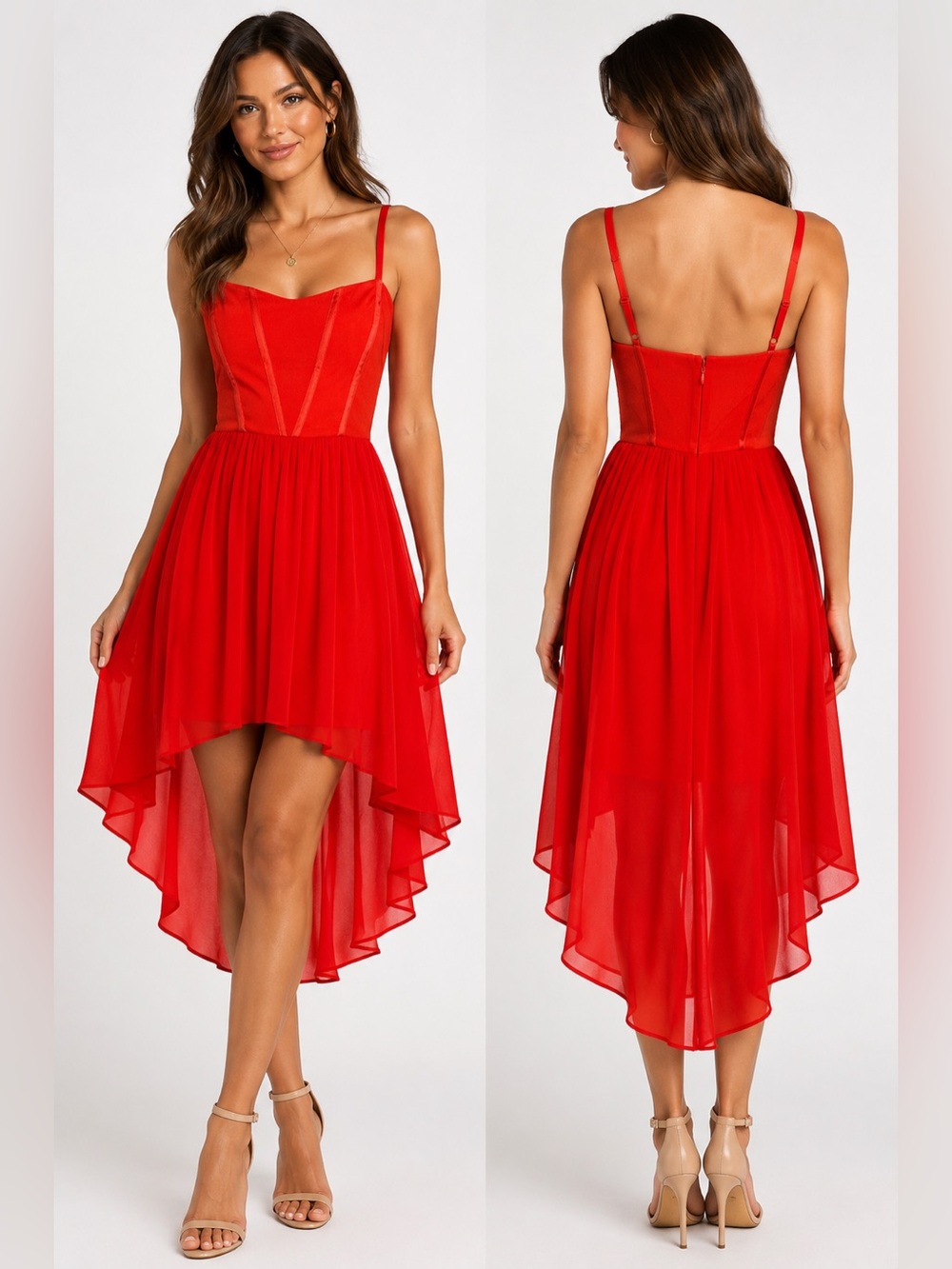 Bebe Red High Low Sweetheart Corset Chiffon Strappy Y2K Dress 6 Six
